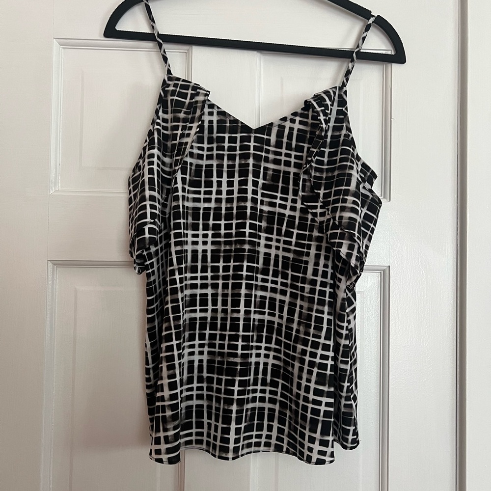 #49 BAR III • COLD SHOULDER RUFFLE SPAGHETTI STRAP TOP • BLACK WHITE ABSTRACT